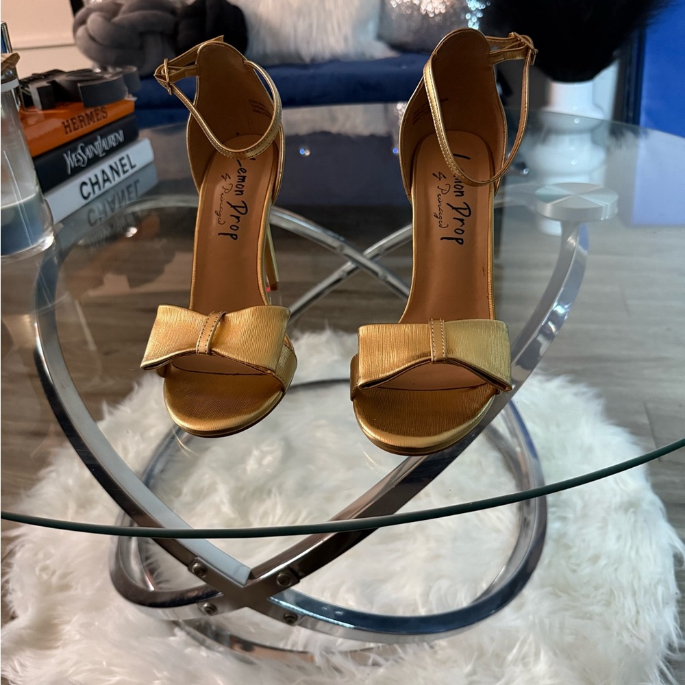 Gold Ankle Strap Sandals with Bow detail